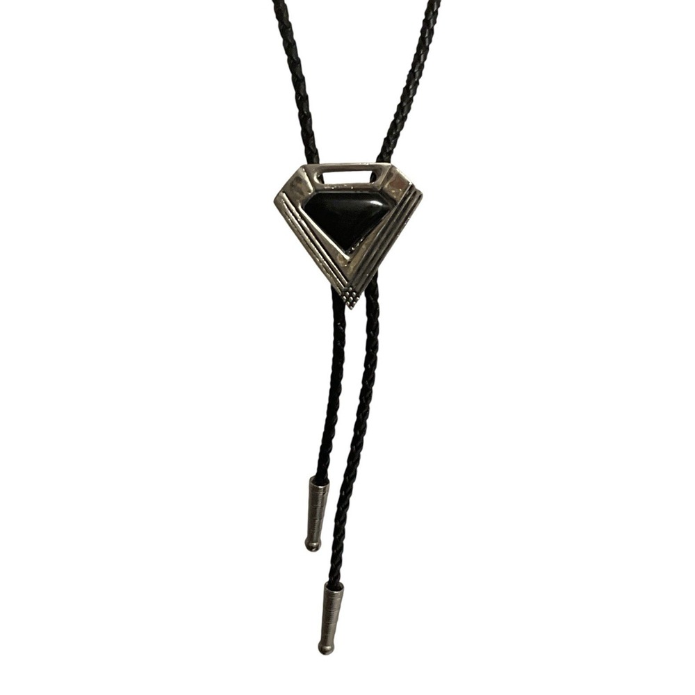 Vintage Southwestern Silver Tone Black Onyx Style Geometric Shield Bolo Tie USA